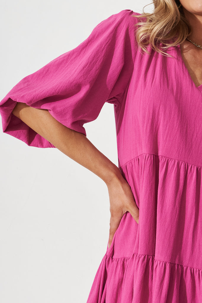 Kehlana Tiered Midi Dress In Magenta Cotton - detail