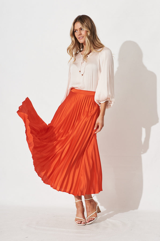 Allie Midi Pleat Skirt In Red Satin - Full Length