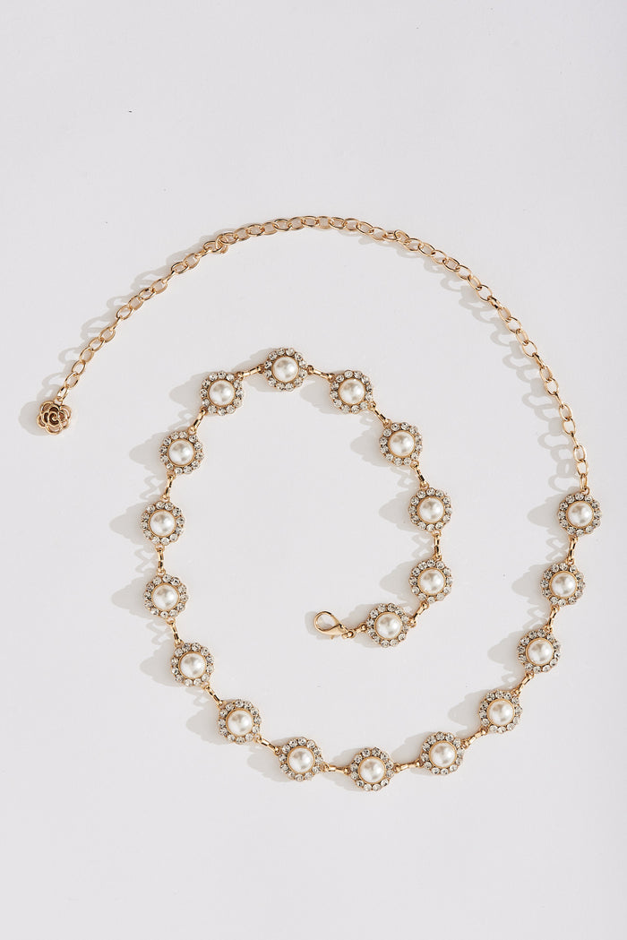 August + Delilah Gilda Pearl And Chain Belt In Gold - front