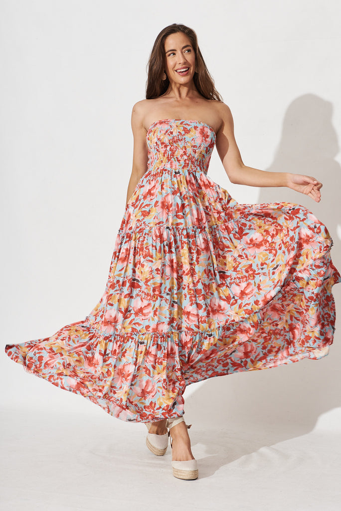 Desert Dream Maxi Dress In Blue with Red Floral - full length
