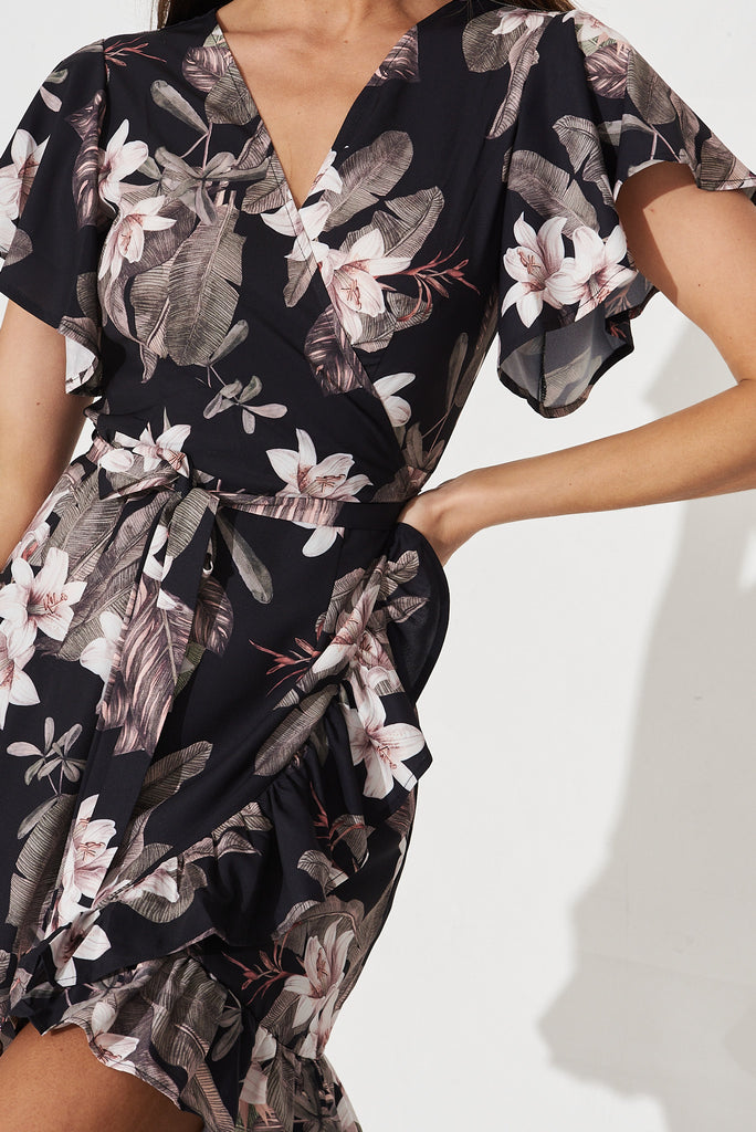 Relic Wrap Dress In Black Tropical Floral - detail