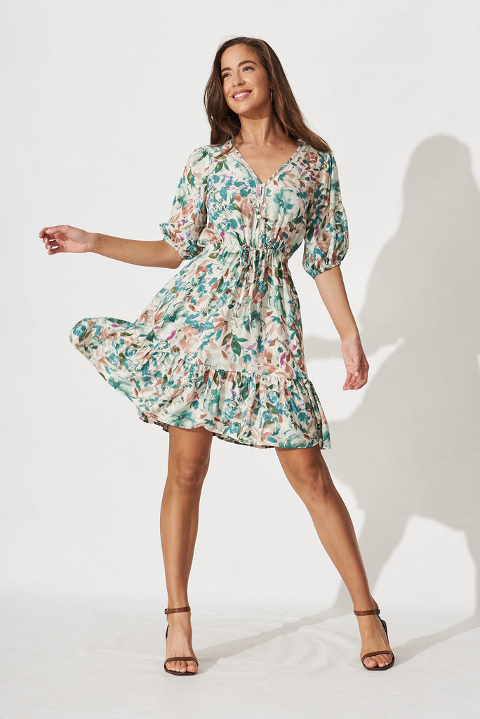 Alice Dress In White With Teal Floral - full length