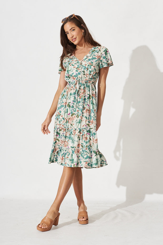 David Dress In White With Teal Floral - full length