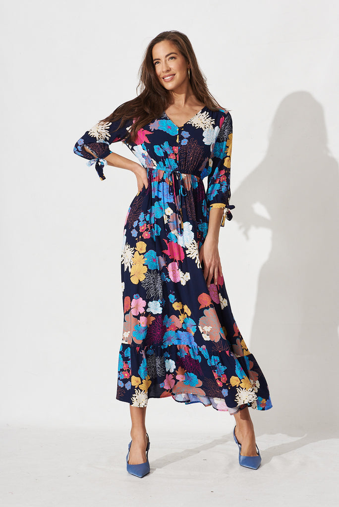 Rocha Maxi Dress In Navy With Multi Floral - full length