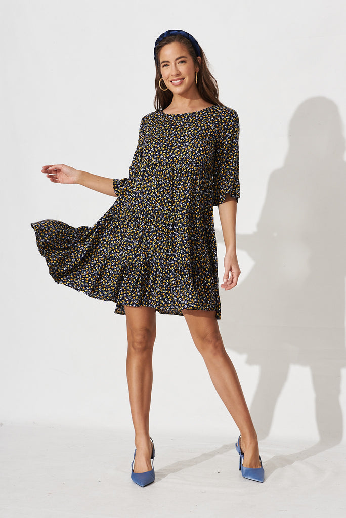 Darellie Smock Dress In Navy With Yellow Floral - full length