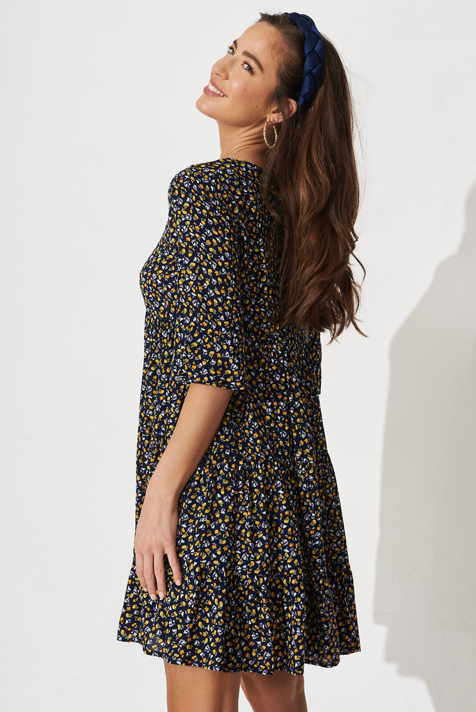 Darellie Smock Dress In Navy With Yellow Floral - side