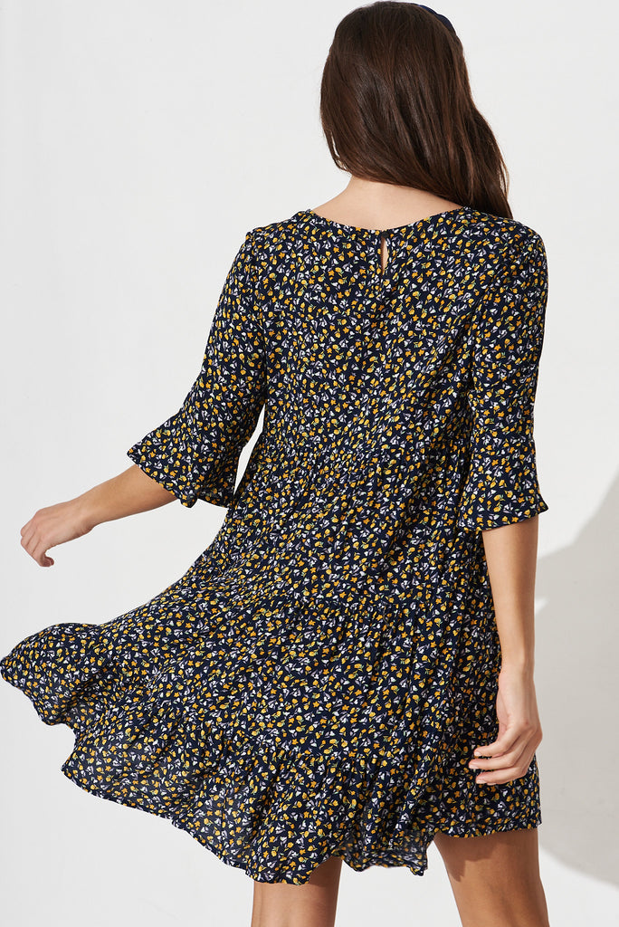 Darellie Smock Dress In Navy With Yellow Floral - back