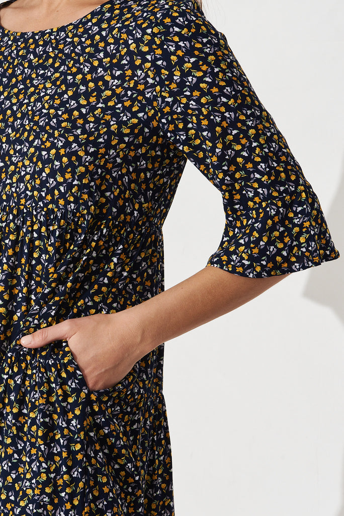 Darellie Smock Dress In Navy With Yellow Floral - detail
