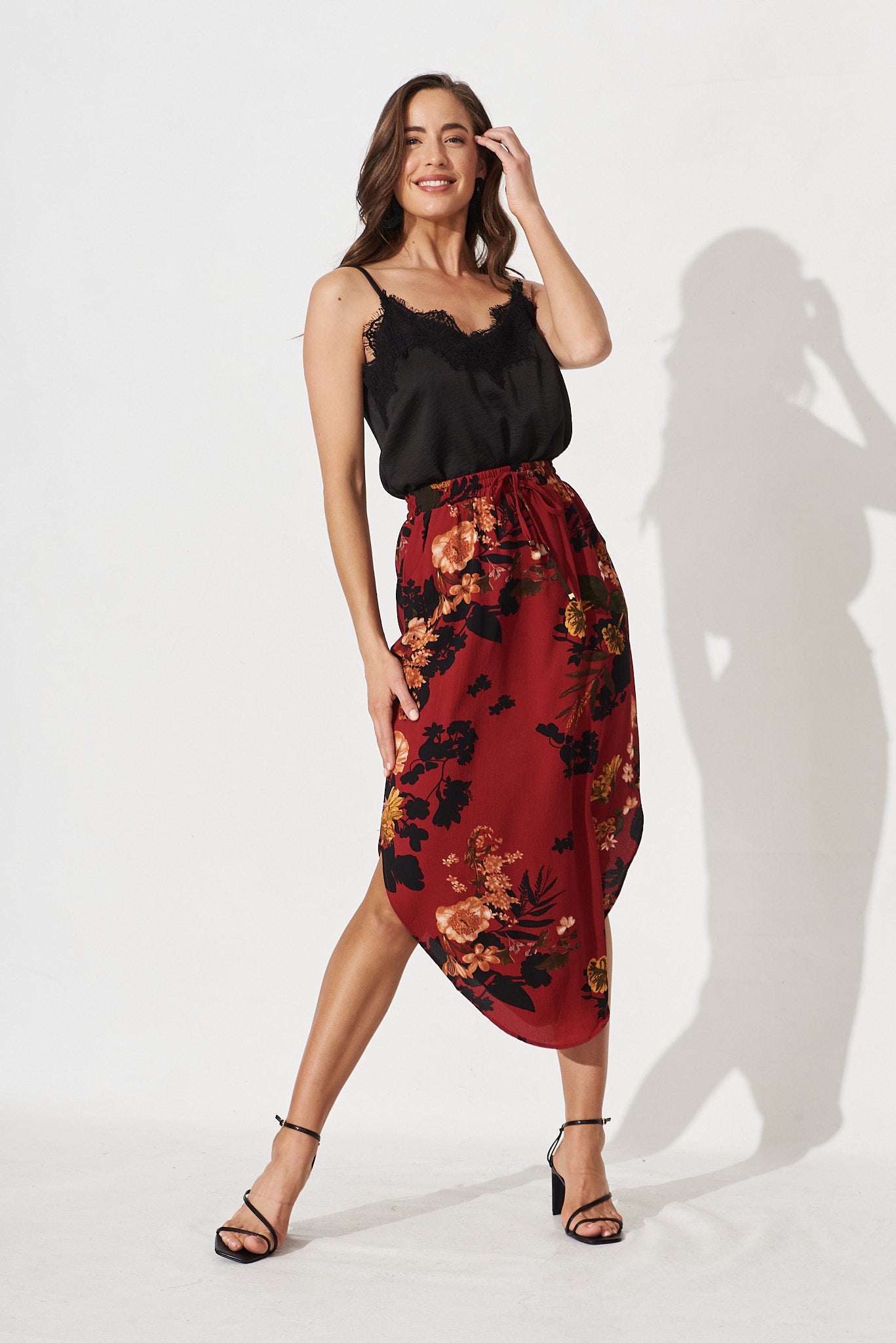 Laylah Skirt In Red With Black Floral - full length