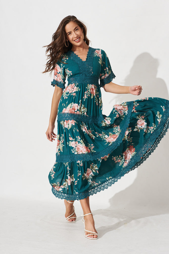 Mona Maxi Dress in Teal with Coral Floral - Full Length