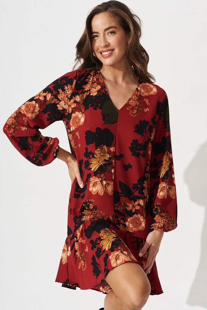 Catania Shift Dress In Red With Black Floral - front