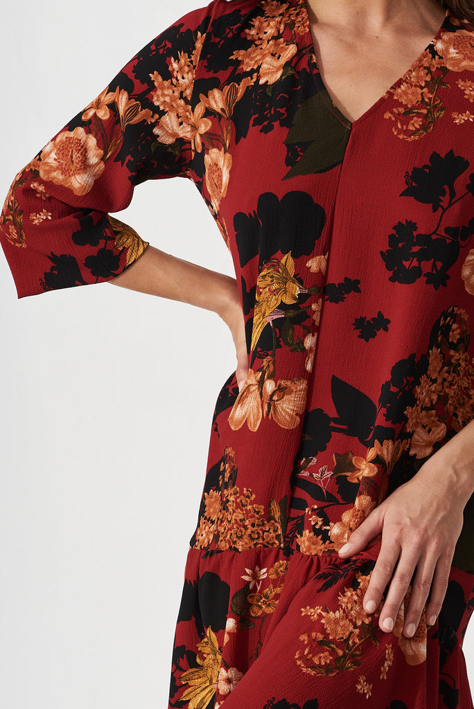 Catania Shift Dress In Red With Black Floral - detail