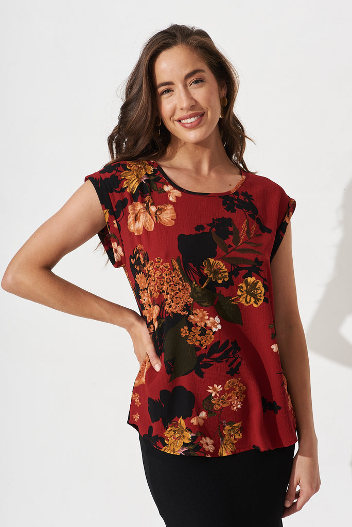 Rejina Top In Red With Black Floral - front