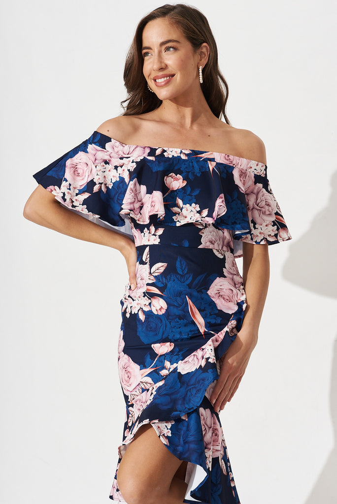 Amelie Midi Dress In Navy Multi Floral - front