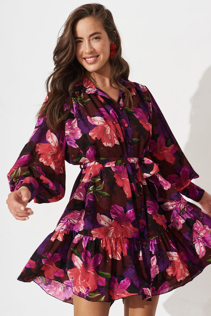 Sinclaire Shirt Dress In Black With Purple Floral Chiffon - front