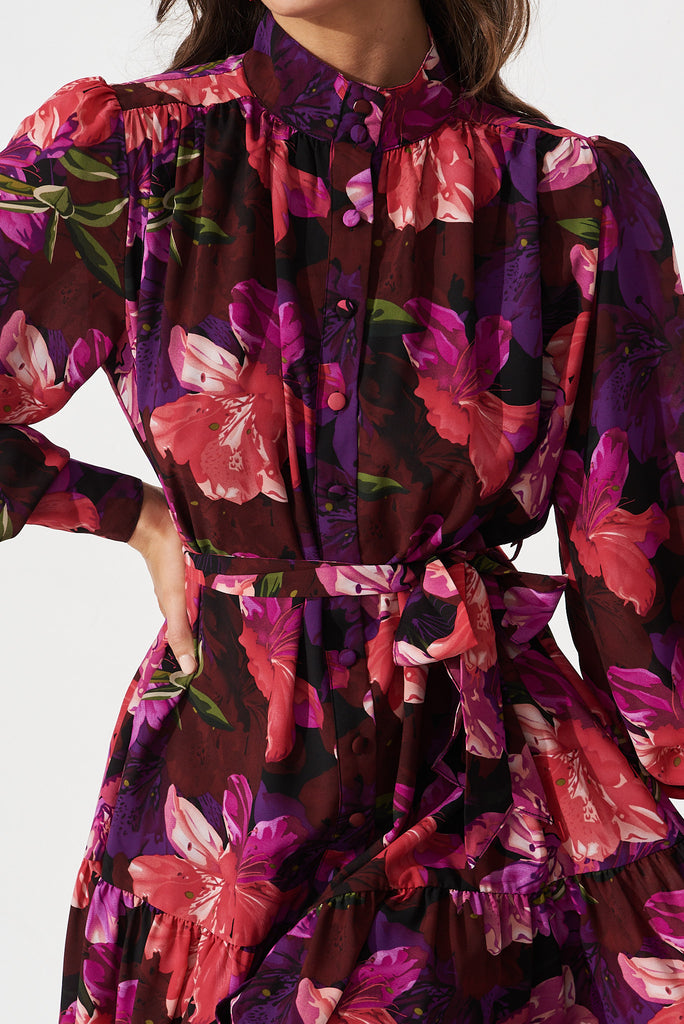 Sinclaire Shirt Dress In Black With Purple Floral Chiffon - detail