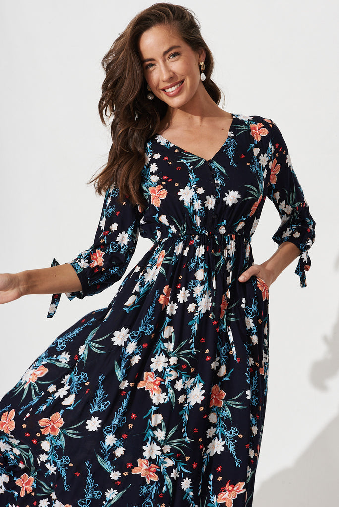 Rocha Maxi Dress In Navy With Blue Leaf - front