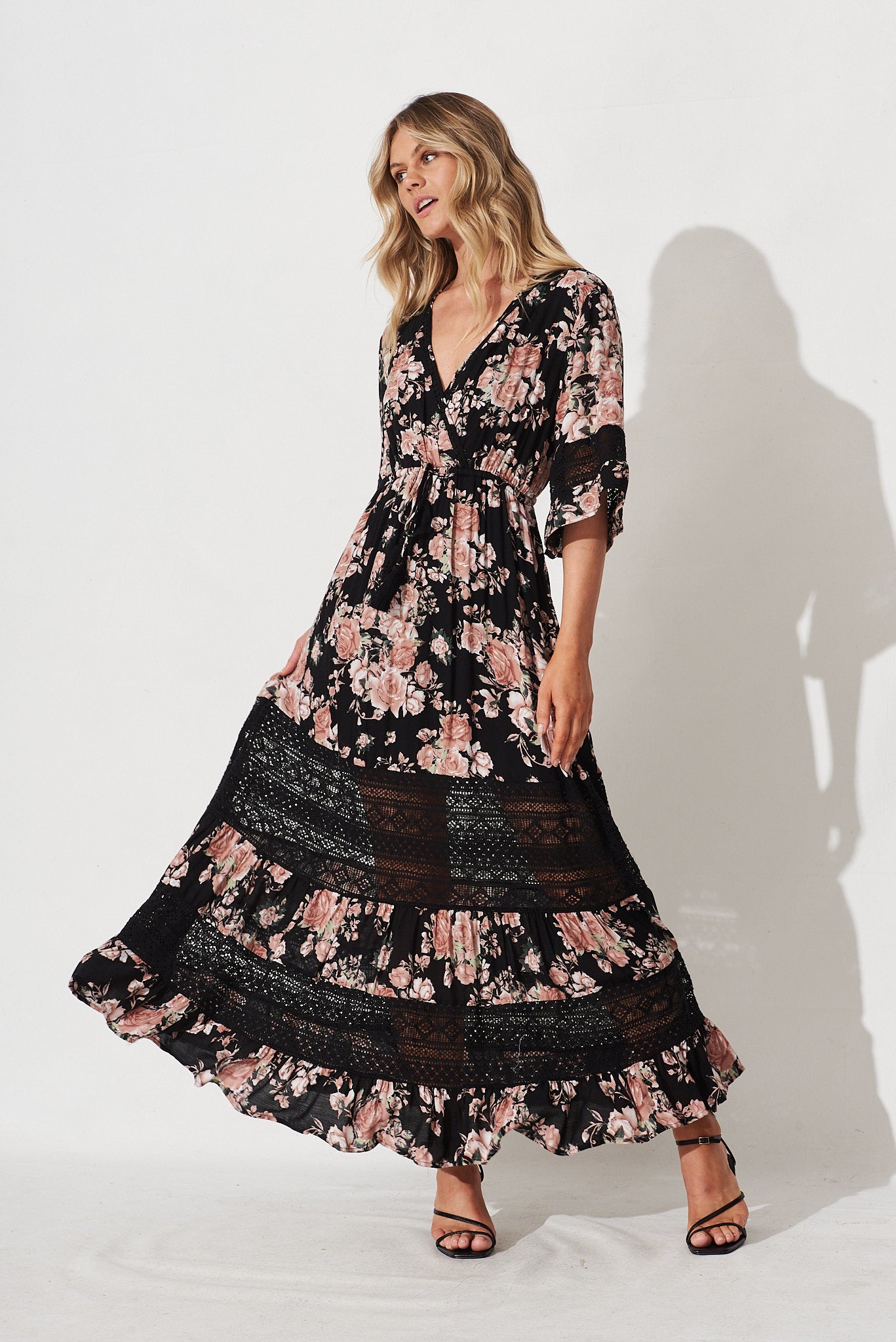 Roxy Maxi Dress In Black And Pink Floral - Full Length