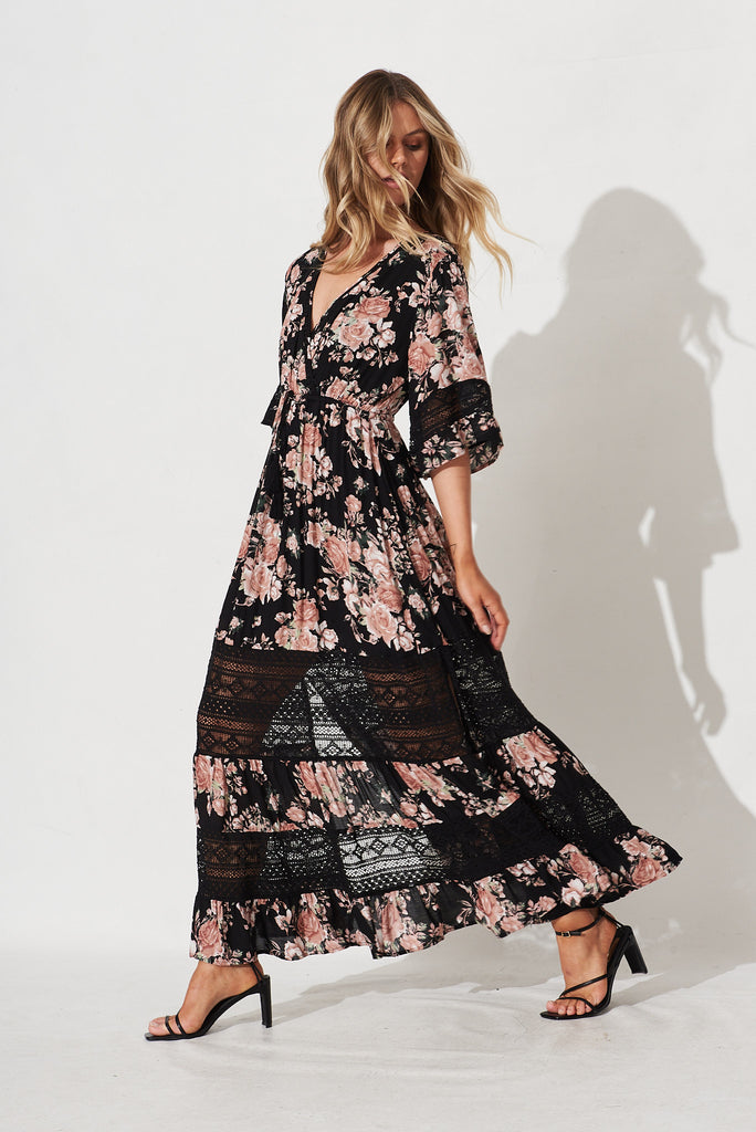 Roxy Maxi Dress In Black And Pink Floral - side