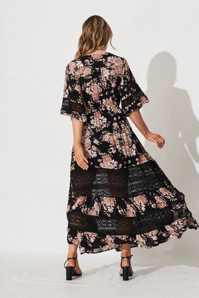 Roxy Maxi Dress In Black And Pink Floral - back