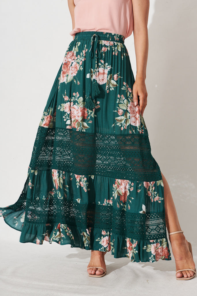Bowie Maxi Skirt In Teal And Coral Floral - front