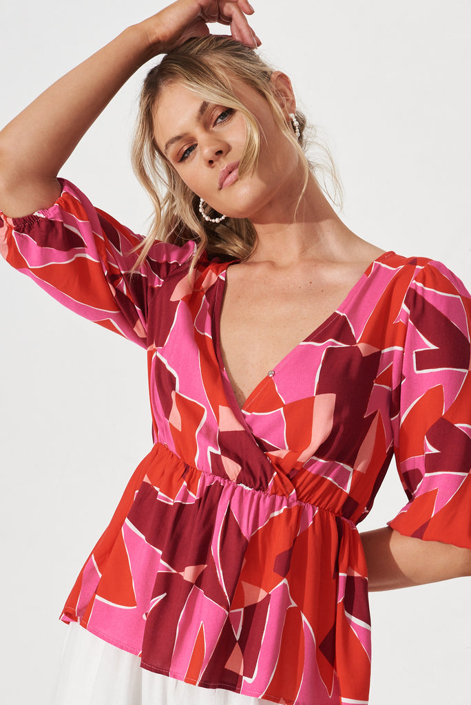 Rosalee Top In Pink Geometric - front