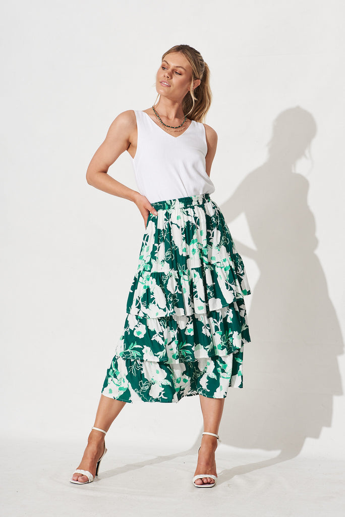Saige Midi Skirt in Teal Floral - Full Length