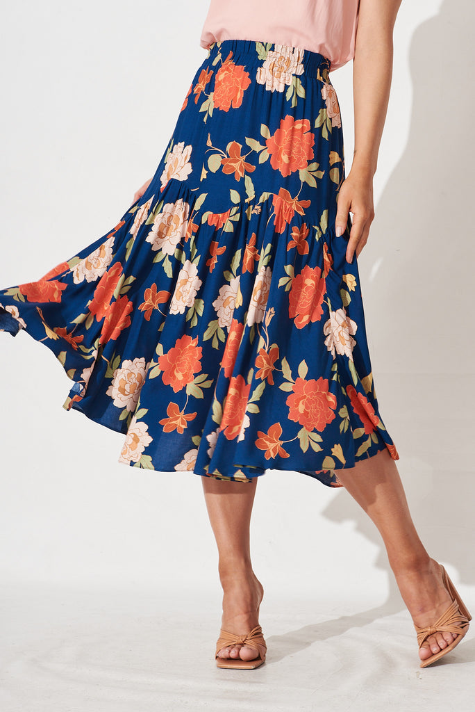 Tearose Midi Skirt in Navy and Pink Floral - front