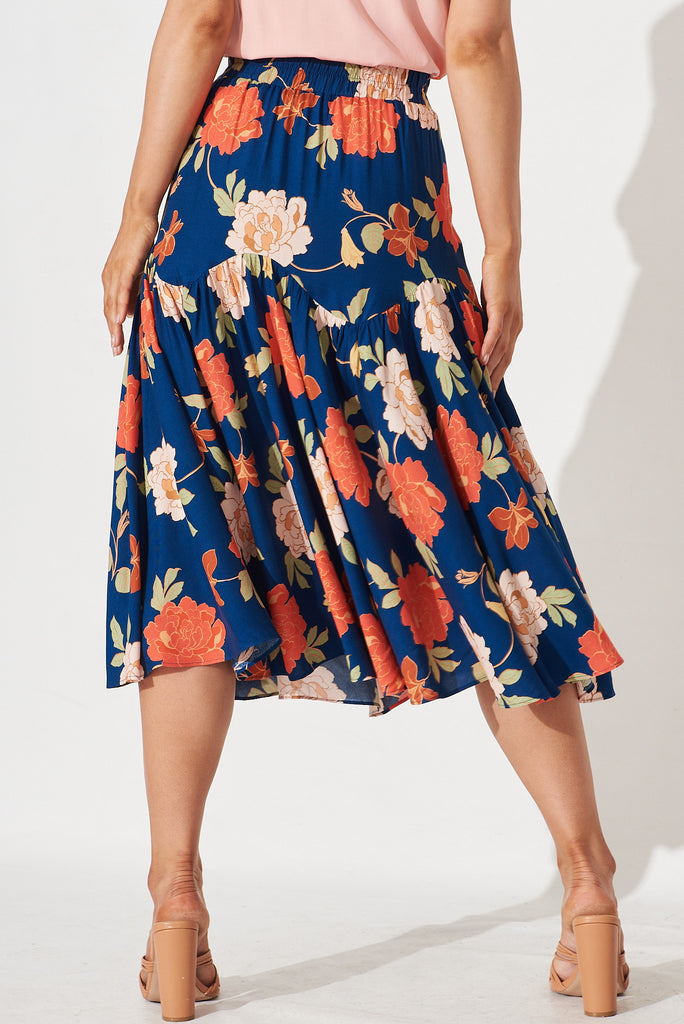 Tearose Midi Skirt in Navy and Pink Floral - back