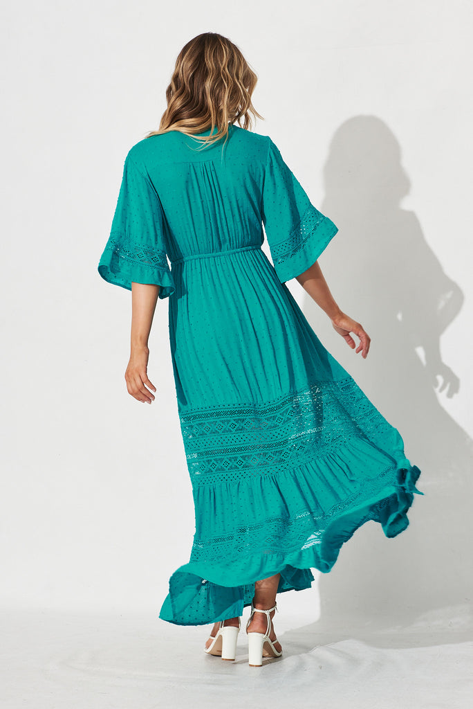 Roxy Maxi Dress In Turquoise Swiss Dot - back