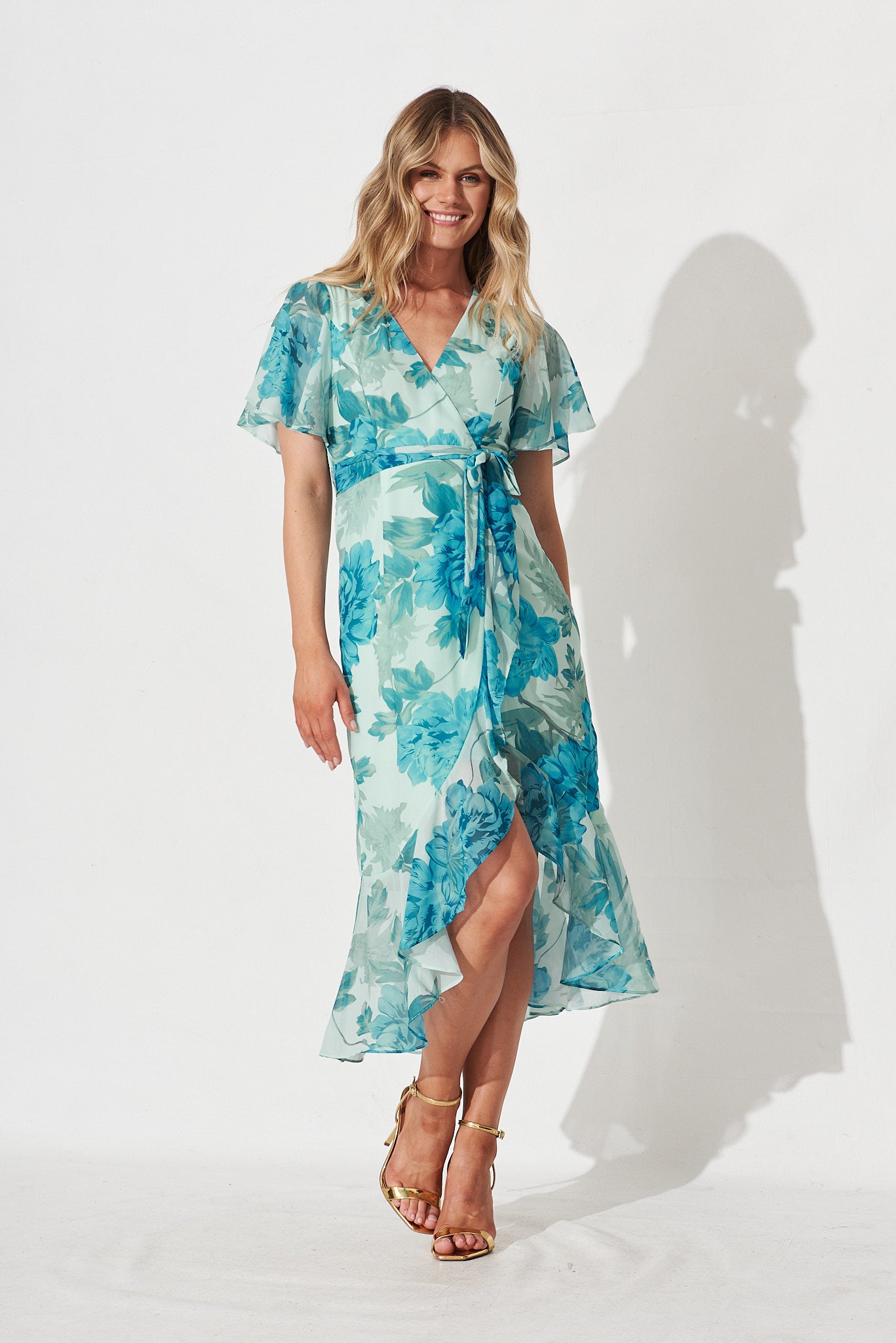 Cathy Midi Dress In Green With Teal Floral Chiffon - full length