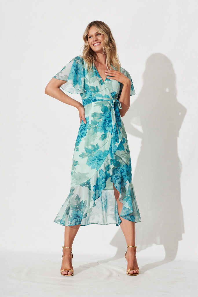 Cathy Midi Dress In Green With Teal Floral Chiffon - full length