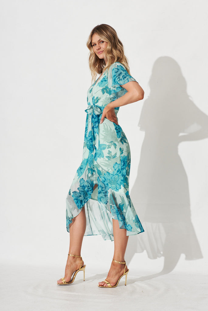 Cathy Midi Dress In Green With Teal Floral Chiffon - side