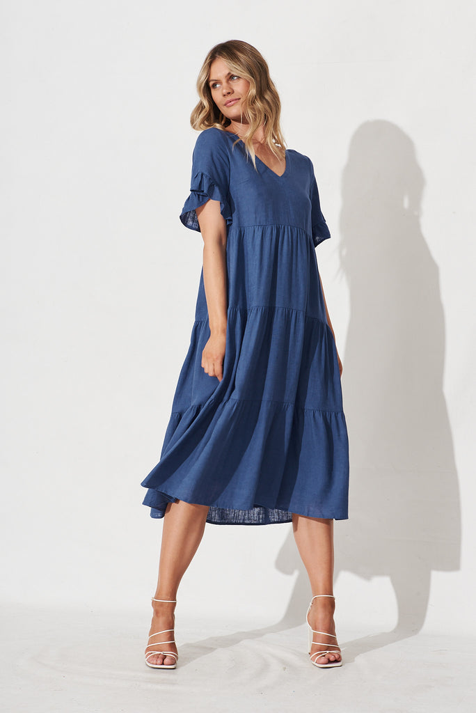 Kristen Midi Dress in Blue Linen Blend - Full Length