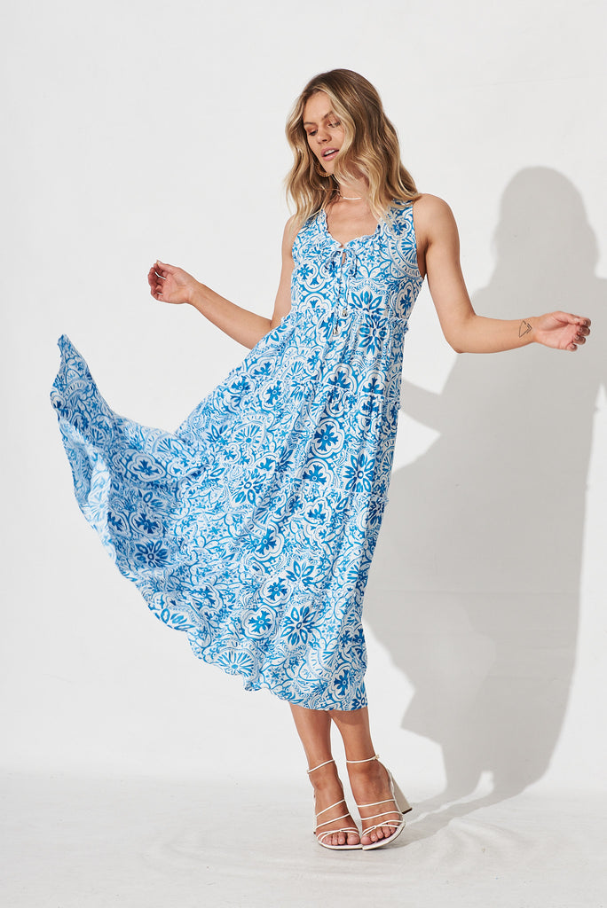 Ophelia Maxi Dress In Blue Tile Print - full length