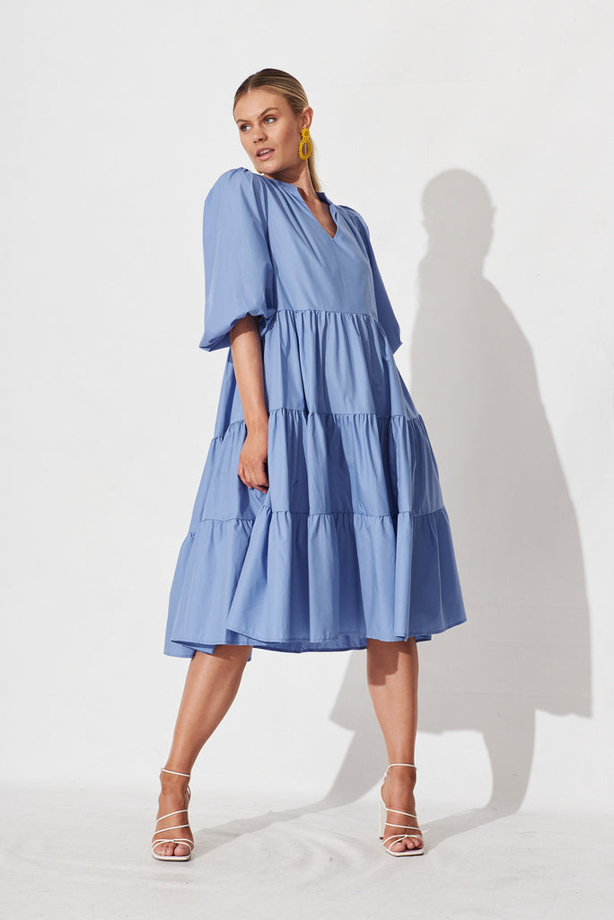 Kehlana Tiered Midi Dress In Blue Poplin - full length