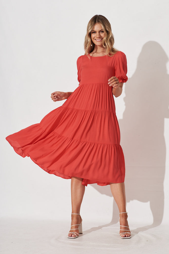 Nevi Tiered Midi Dress In Coral - full length