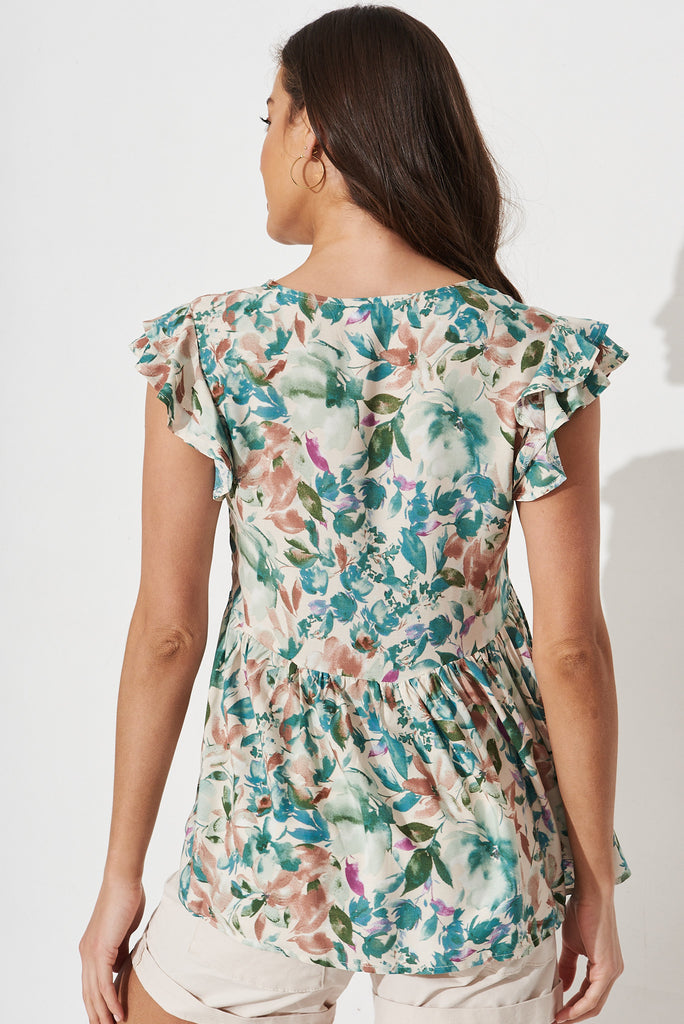 Maila Top In White With Teal Floral - back