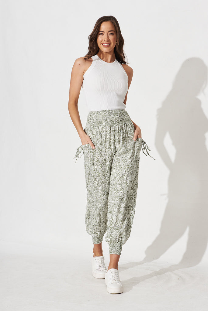 Gabby Lounge Pants In Sage With White Floral - full length