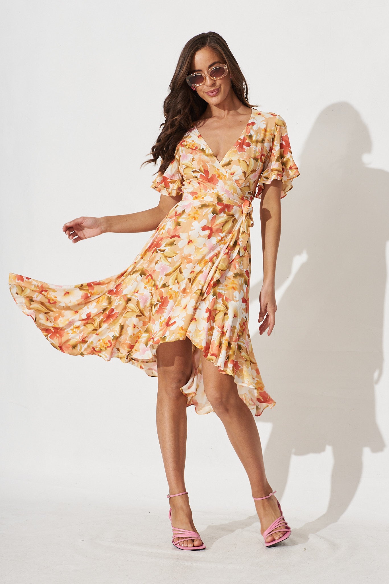 Felicidad Midi Wrap Dress in White And Pink Floral - full length