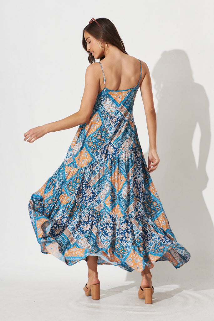 Adelita Maxi Dress in Navy and Blue Tile Print - back