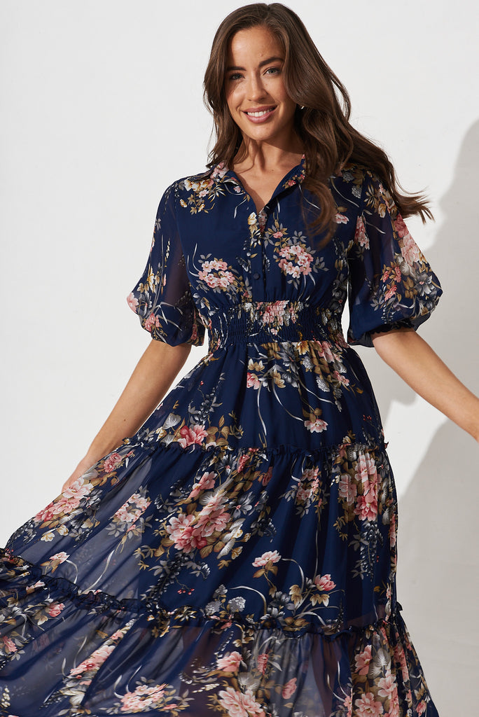 Brittney Maxi Dress In Navy and Pink Floral Chiffon - front