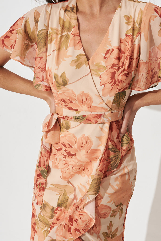 Cathy Midi Dress In Apricot With Rust Floral Chiffon - detail