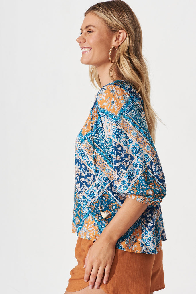 Elvire Top In Navy And Blue Tile Print - side