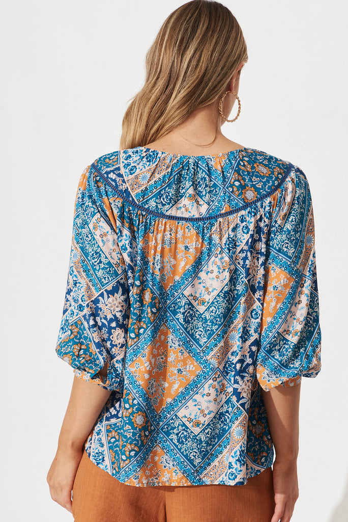 Elvire Top In Navy And Blue Tile Print - back