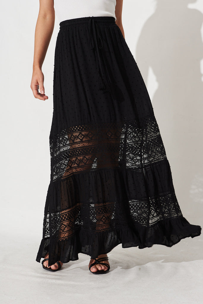 Bowie Maxi Skirt In Black With Lace Detail - front