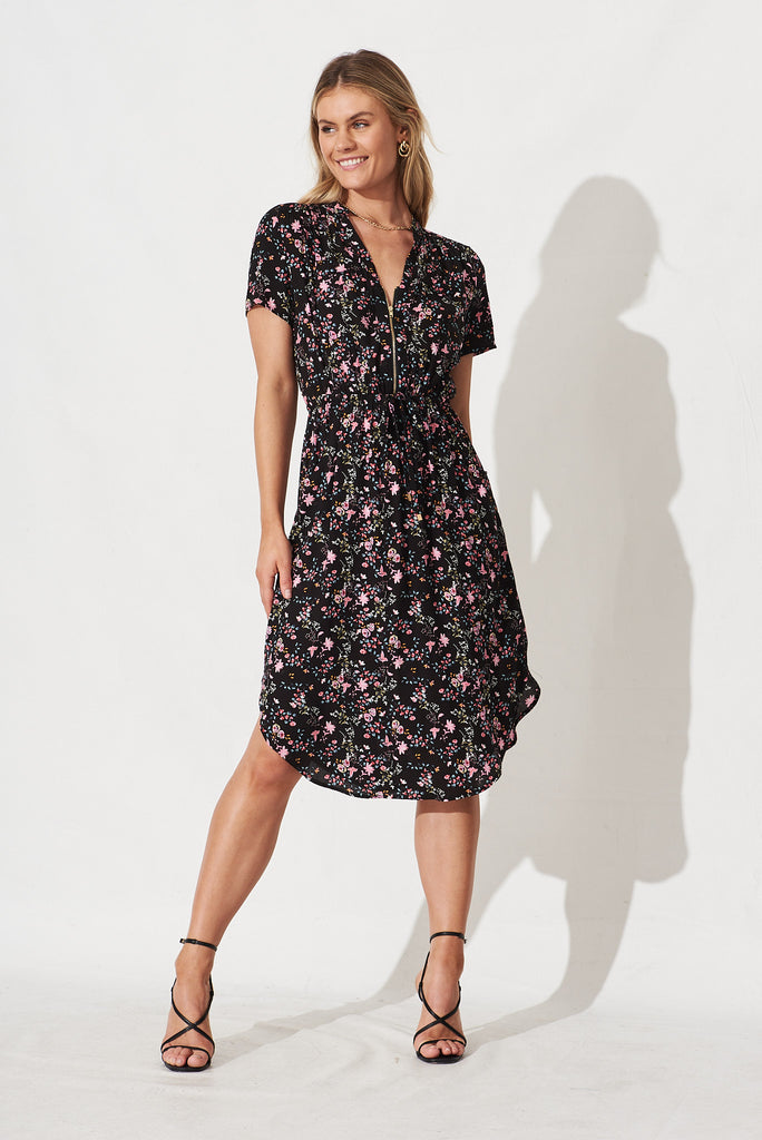 Go Getter Dress In Black with Pink Floral - full length