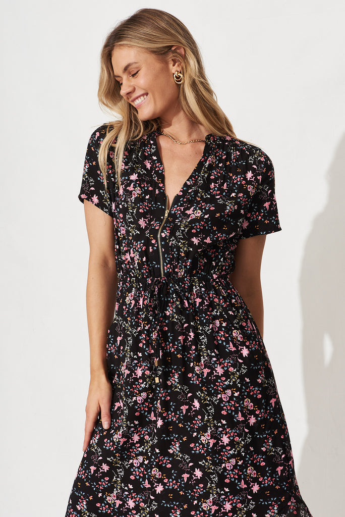 Go Getter Dress In Black with Pink Floral - front