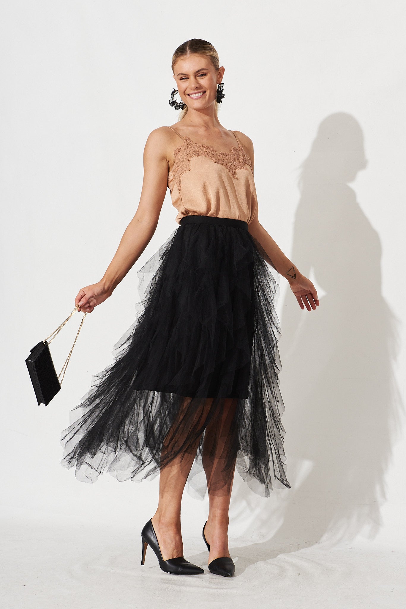 Cleef Midi Tulle Skirt In Black - full length