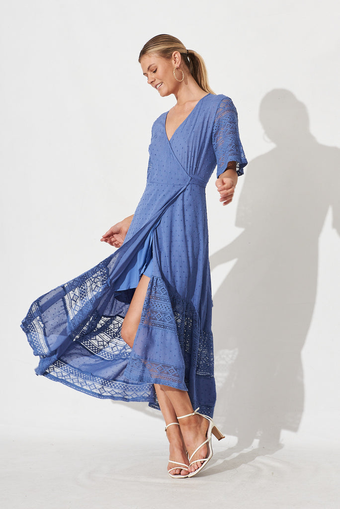 Hanaly Maxi Wrap Dress In Mid Blue Swiss Dot - full length